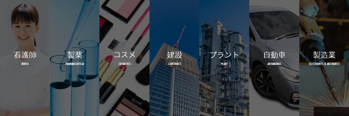 看護師NURSE 製薬PHARMACEUTICAL コスメCOSMETICS 建設CONSTRUCT プラントPLANT 自動車CAR 製造業